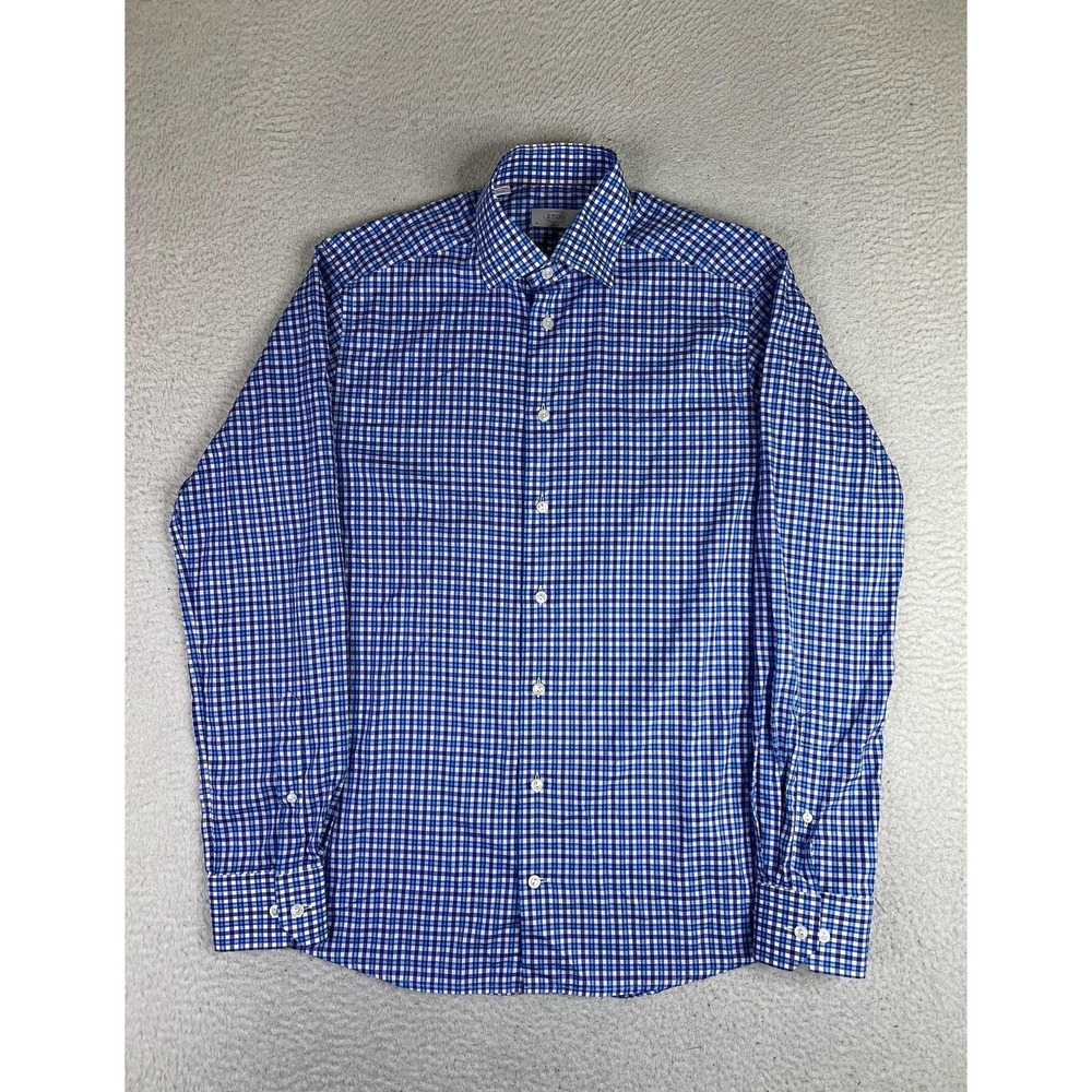 Eton Dress Shirt Mens 15.5 Blue Gingham Slim Fit Woven Cotton LS Spread Collar